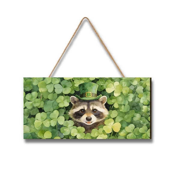 Happy Raccoon Welcome St Patrick's Day Lucky Shamrocks Clover Landscape Wood Sign Northern Raccoon Lover Hanging Wall Home Decor - 22001