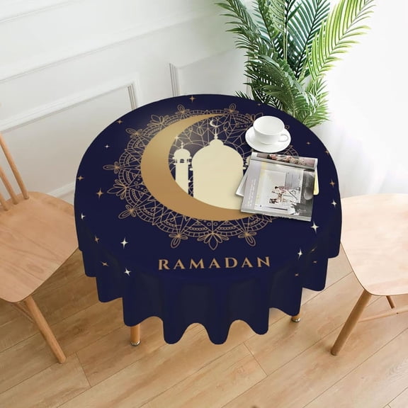 Happy Ramadan - Eid Mubarak Tablecloth Round Table Cover Washable Polyester Table Cloth for Kitchen Party Picnic Dining Decor 60 Inch