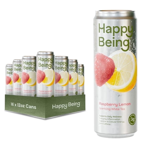 Happy Being Raspberry Lemon Sparkling White Tea – Antioxidant & Polyphenol Rich, Infused with Turmeric, Elderberry, Caffeine Free, Plant-Based, Low Sugar & Low Calorie Drinks, 12oz (16 Pack)