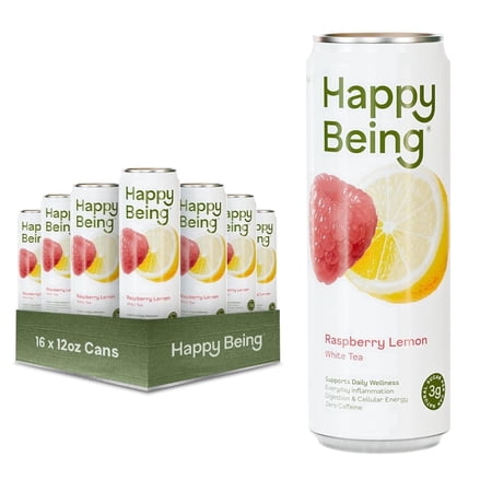 Happy Being Raspberry Lemon White Tea – Antioxidant & Polyphenol Rich, Infused with Turmeric, Elderberry, Plant-Based, Low Sugar & Low Calorie Drinks, 12oz (16 Pack)