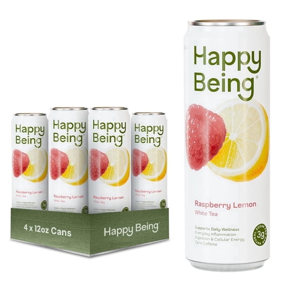 Happy Being Raspberry Lemon White Tea Antioxidant & Polyphenol Rich, Infused with Turmeric, Elderberry, Plant-Based, Low Sugar & Low Calorie Drinks, 12oz (4 Pack)