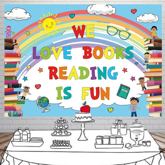 Happy Reading Day Pretty Backdrop Colorful We Love Books Reading is Fun Children Students Classroom Reading Party Decoration Reading Day Photo Banner Booth Props