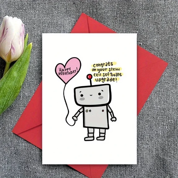 Happy Rebirth Birthday Card – Humorous Robot Design with Heart Balloon – Perfect for Celebrating Stem Cell Upgrades & Second Birthdays