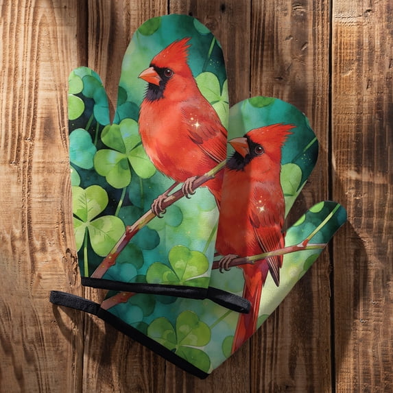 Happy Red Cardinal Welcome St Patrick's Day Lucky Shamrocks Clover Oven Mitts Set of 2 Wild Birds Lover Heat Resistant Cooking Gloves - 22001
