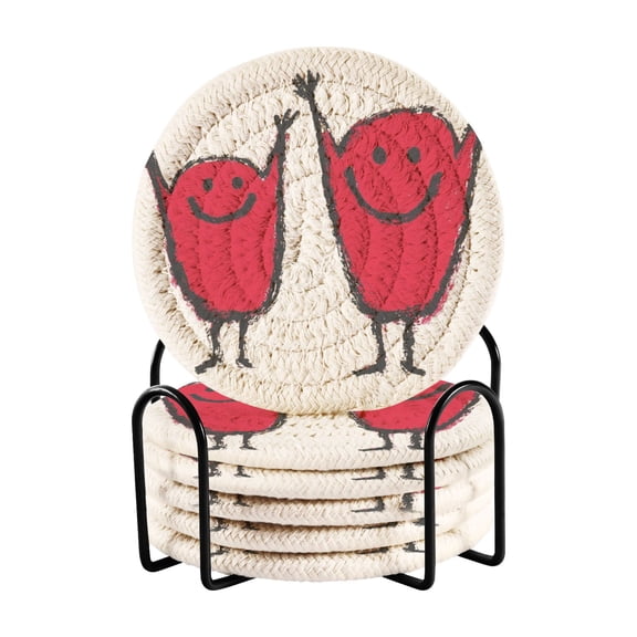 Happy Red Characters 4in Bar Coasters Set of 6 with Storage Rack Durable Heat Resistant
