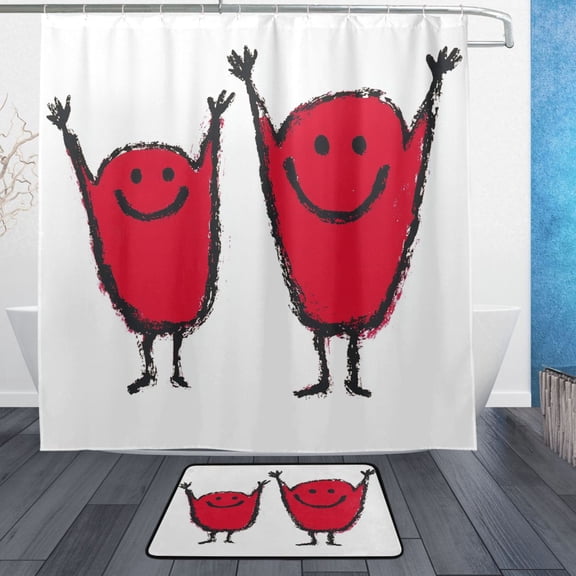 Happy Red Characters Bathroom Accessory Sets Waterproof Shower Curtain with Anti-Slip Bath Mat Durable Combo