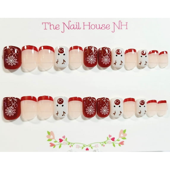 Happy Reindeer French Manicure Glossy Extra Short Squoval Press On Nails - 24 Pieces - Artificial Nails - Christmas Nails