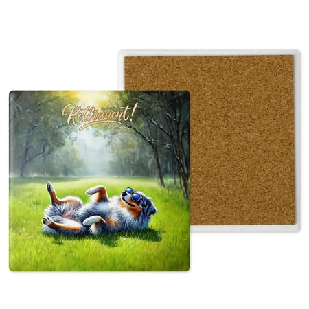 Happy Retirement with Australian Shepherd Enjoy Life Rest Time Set of 4 Stone Coasters Aussie Dog Lover Gifts 4x4in Absorbent Soapstone Coaster - 02027
