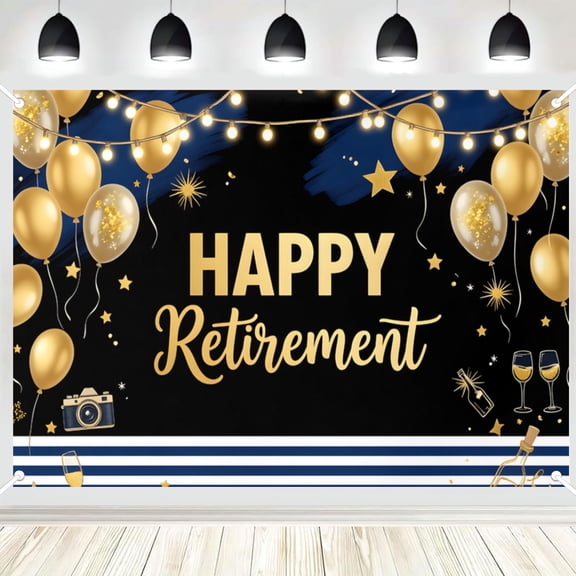Happy Retirement Backdrop, Black Gold Balloon with String Lights Photo Background Banner for Retirement Party, Photography Booth Decor 4x6ft