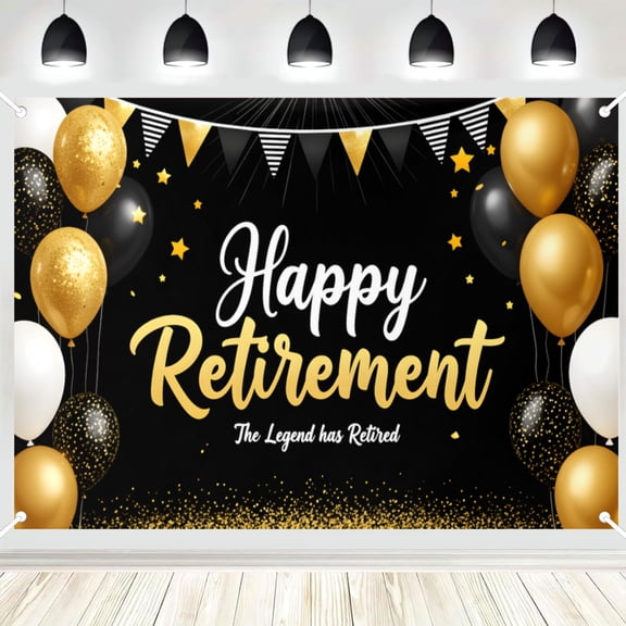 Happy Retirement Backdrop, Black Gold Glitter Balloon Photo Background Banner for Retirement Party, Photography Booth Decorations 16x24in