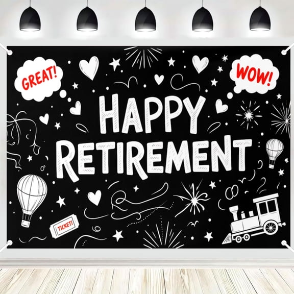 Happy Retirement Backdrop, Blackboard Doodle Style Photo Background Banner for Retirement Party, Photography Booth Decorations 3x5ft