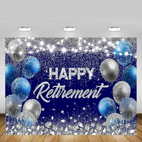 Happy Retirement Backdrop Blue and Sliver Congrats Retire Photography Background Happy Retirement Banner