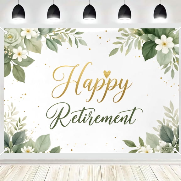 Happy Retirement Backdrop, Green Leaf with Gold Glitter Photo Background Banner for Retirement Party, Photography Booth Decor 3x5ft