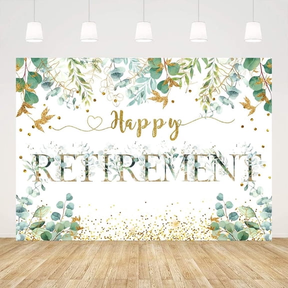 Happy Retirement Backdrop Green Leaves Spring Theme Retirement Party Photo Background Decorations Gold Retirement Party Supplies for Men Congrats Retirement Photo Booth Props