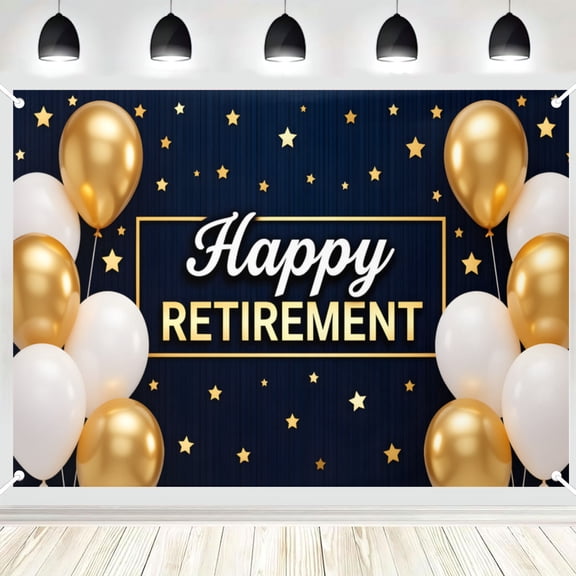 Happy Retirement Backdrop, Navy Blue Gold White Balloon Photo Background Banner for Retirement Party, Photography Booth Decorations 3x5ft