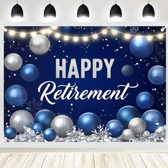 Happy Retirement Backdrop, Navy Blue Silver Balloon with Snowflake Photo Background Banner for Winter Retirement Party, Photography Booth Decorations 16x24in
