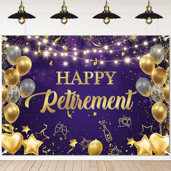 Happy Retirement Backdrop Purple and Gold Happy Retirement Photography Background Goden Balloons Retirement Party Decorations Banner Supplies Photo Booth Props