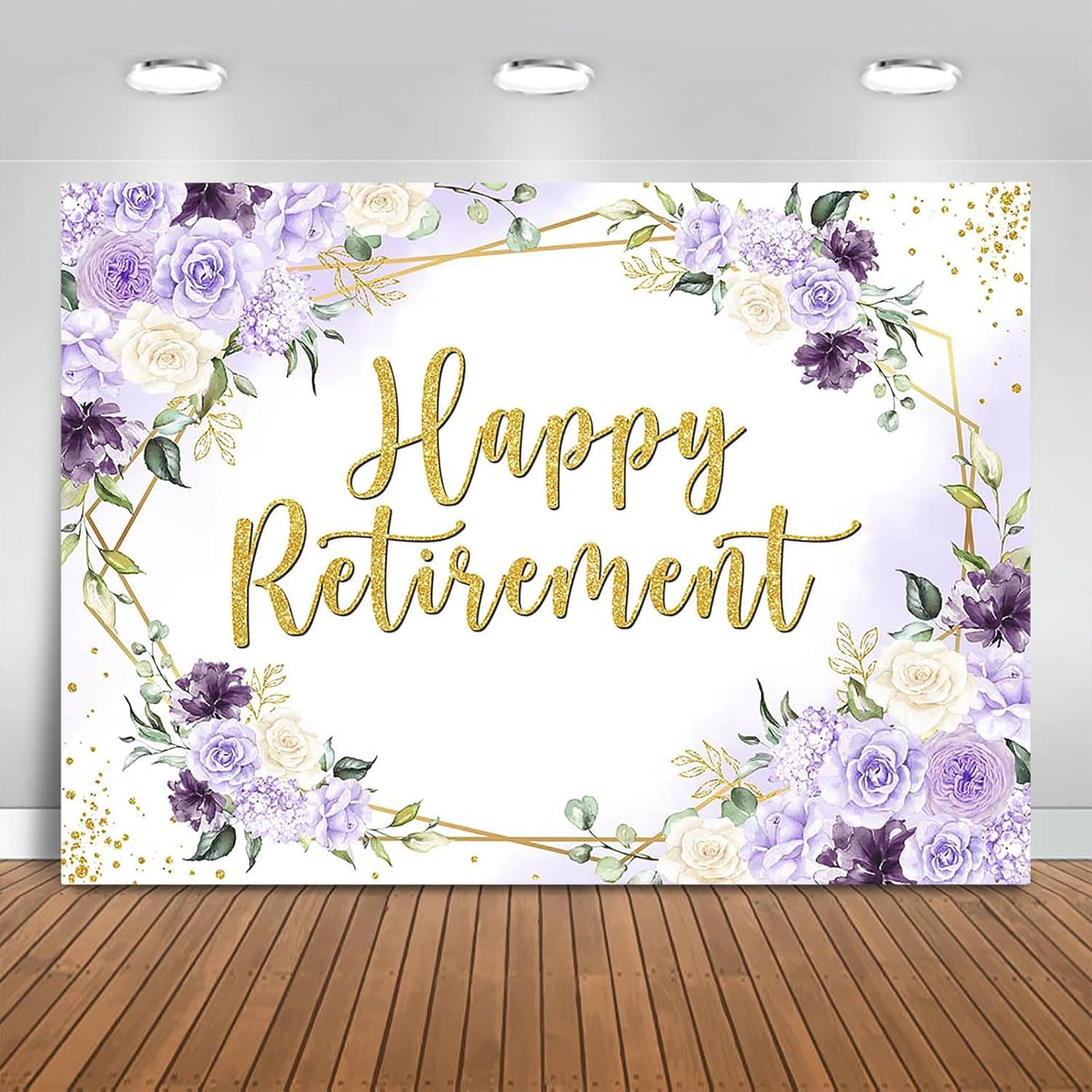 Happy Retirement Backdrop Purple and White Flowers Retirement Party ...