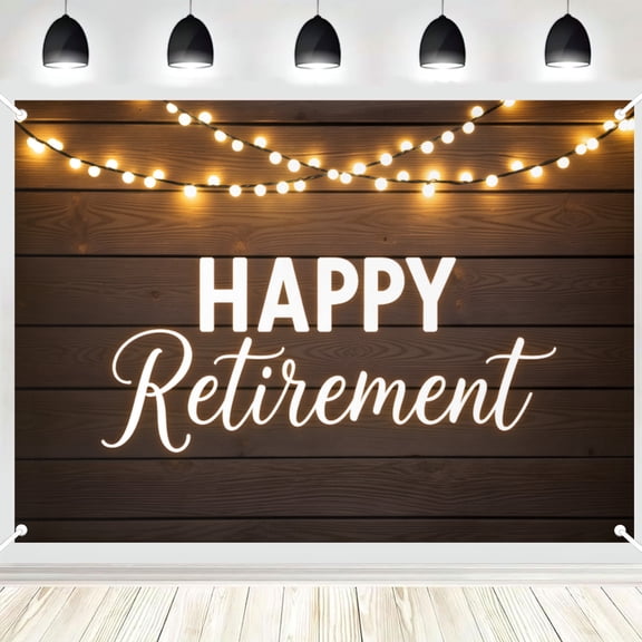 Happy Retirement Backdrop, Rustic Wood with Warm String Lights Photo Background Banner for Retirement Party, Photography Booth Decor 16x24in
