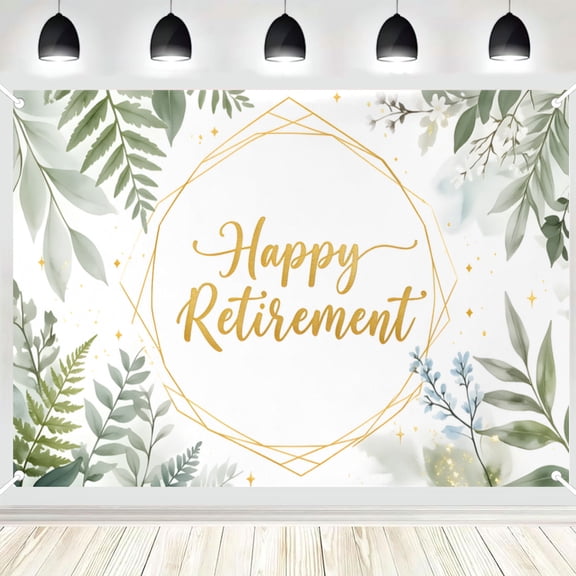 Happy Retirement Backdrop, Watercolor Green Leaf with Gold Frame Photo Background Banner for Retirement Party, Photography Booth Decorations 3x5ft