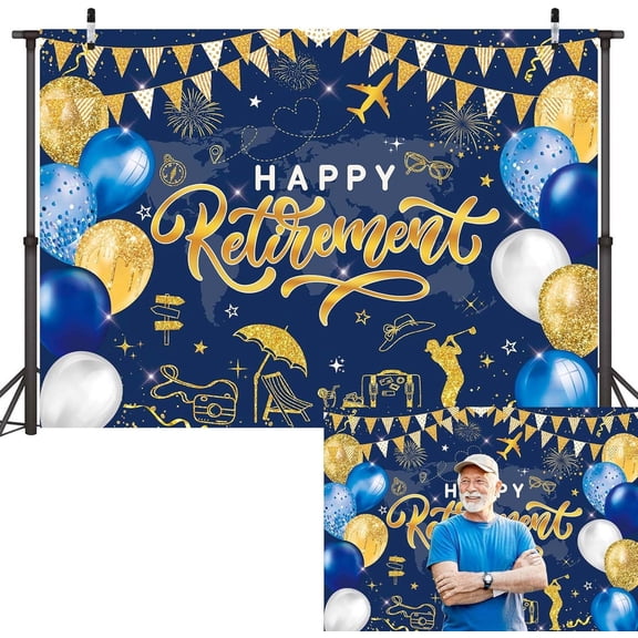 Happy Retirement Backdrop for Men Blue and Gold Retirement Decorations Banner Photo Background Office Farewell Party Photo Booth Props