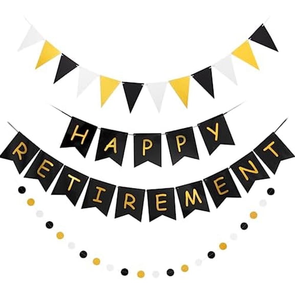 Happy Retirement Banner Assembled Black and Gold Retirement Party Decorations Supplies Kit Gold Glitter Paper Pennant Banner for Men Women Office Farewell Party
