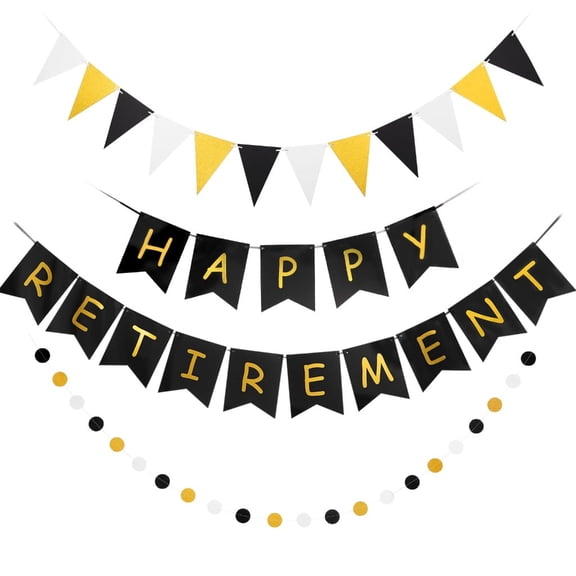 Happy Retirement Banner Assembled Black and Gold Retirement Party Decorations Supplies Kit Gold Glitter Paper Pennant Banner for Men Women Office Farewell Party