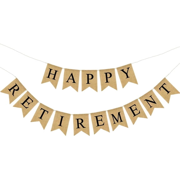 Happy Retirement Burlap Banner, Black Letter Rustic Jute Pennant Garland for Retirement Party Decorations, Office Farewell Fireplace Mantel Wall Decor