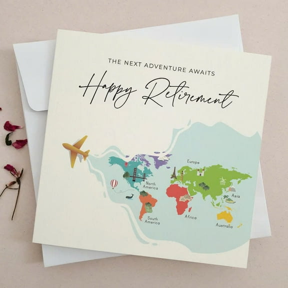 Happy Retirement Card with World Map Design – “The Next Adventure Awaits” – Blank Inside – Perfect for Celebrating New Beginnings and Travel Dreams