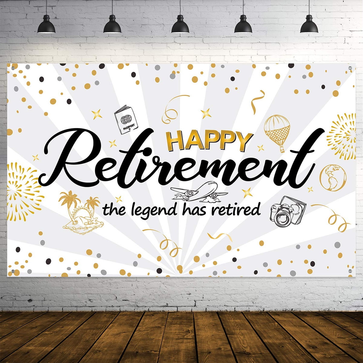2CFUN Happy Retirement Decorations Retirement Banner Party, Giant Black and Gold Sign Retirement Party Banner Photo Booth Backdrop Background for Happy Retirement Party Supplies (White)