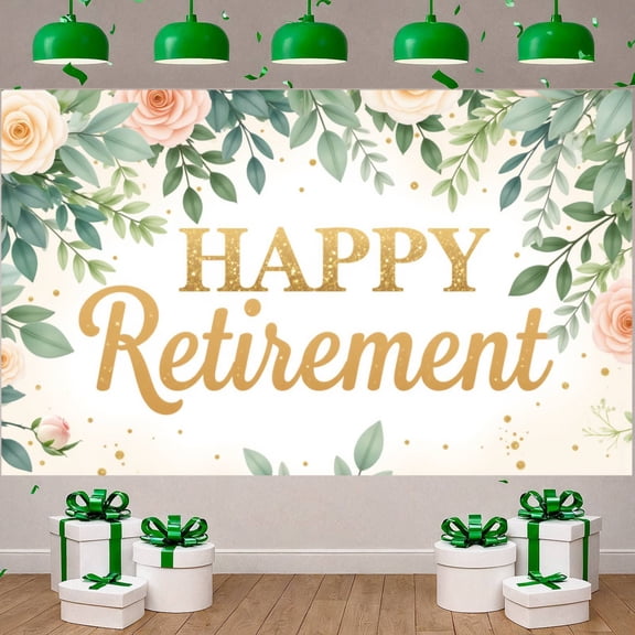 Happy Retirement Party Banner Backdrop, Large Floral Greenery Background Decoration for Retirement Celebration Events