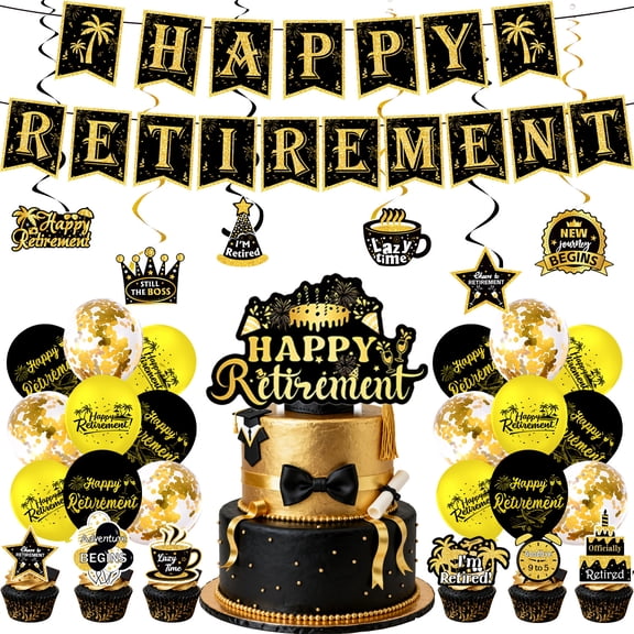 Happy Retirement Party Decorations Set, Black and Gold Going Away Party Farewell Decorations