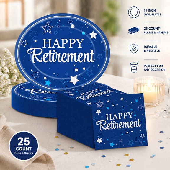 Happy Retirement Party Oval Paper Plates 11 inch Blue Silver Disposable Retirement Tableware Plates and Napkins for Men and Women, 25 Count