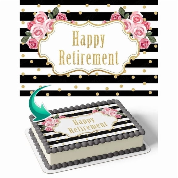 Happy Retirement Rose Flowers Gold Edible Icing Image Cake Topper, by Tnct.