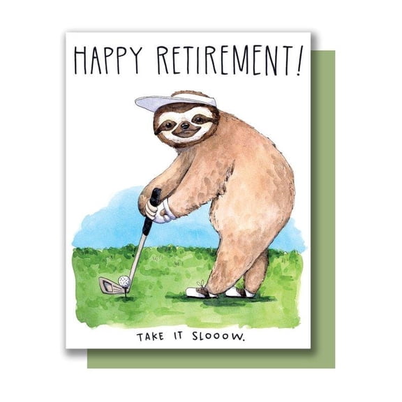 Happy Retirement Sloth Card "Take It Sloooow" Golfing Design Blank Inside, Envelope Included Perfect for Retirement Celebrations