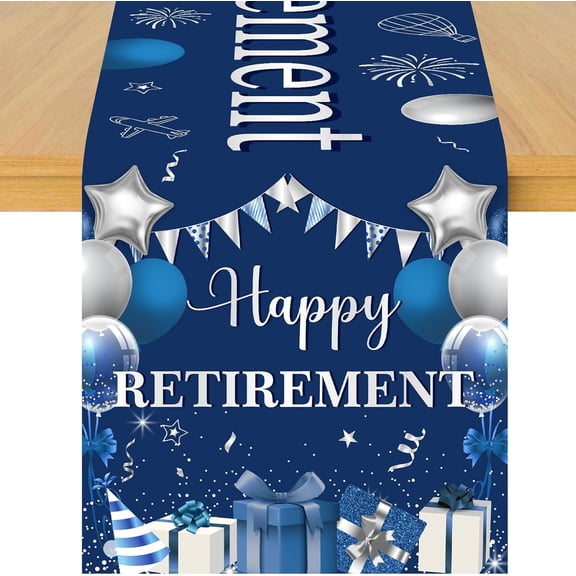Happy Retirement Table Runner, Navy Blue Sliver Retirement Theme Linen Fabric Table Runner for Everyday Use 72 x 13 Inches, Washable Table Cover for Indoor Outdoor Kitchen Dining Table Decor