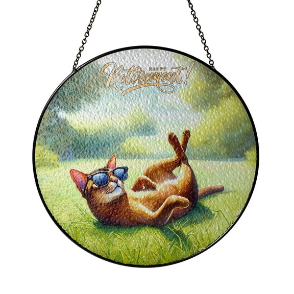 Happy Retirement with Abyssinian Enjoy Life Rest Time Stained Glass Suncatcher Cat Lover Kitten Owner Gifts Window Hanging Sign Decor - 02027