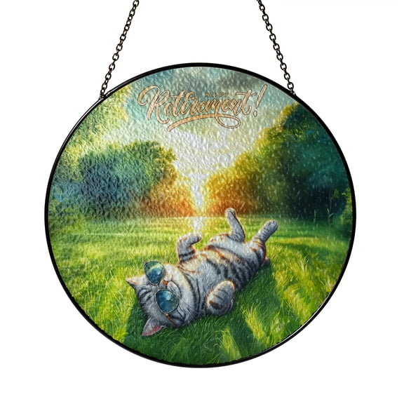 Happy Retirement with American Shorthair Enjoy Life Rest Time Stained Glass Suncatcher Cat Lover Kitten Owner Gifts Window Hanging Sign Decor - 02027