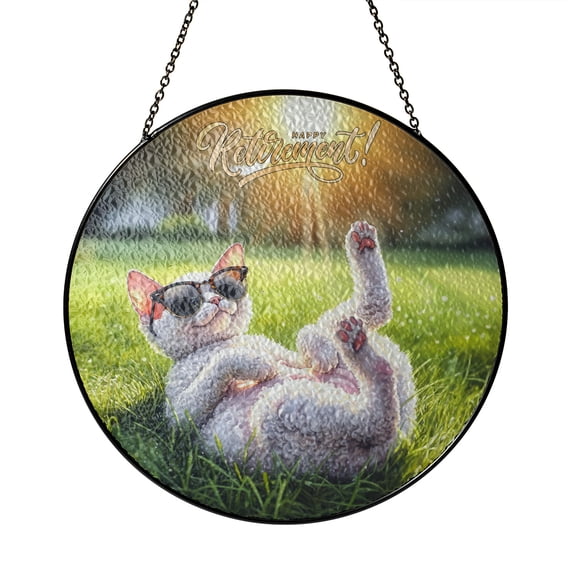 Happy Retirement with Devon Rex Enjoy Life Rest Time Stained Glass Suncatcher Cat Lover Kitten Owner Gifts Window Hanging Sign Decor - 02027