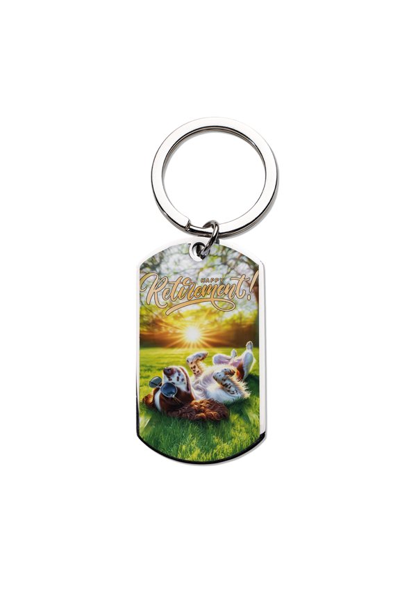 Happy Retirement with French Bulldog Enjoy Life Rest Time Stainless Steel Keychain Dog Lover Gifts Collar Charm Tag Keyring - 02027