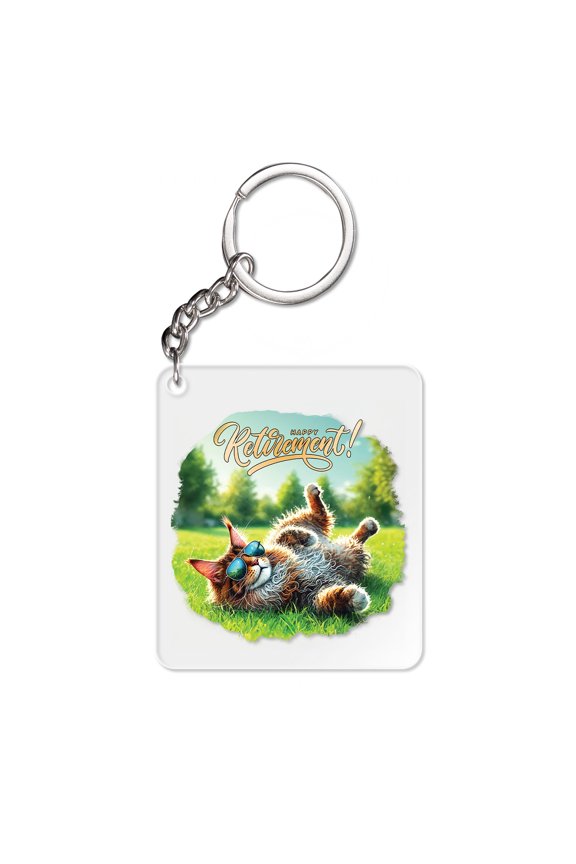 Happy Retirement with Maine Coon Enjoy Life Rest Time Acrylic Keychain Cat Lover Kitten Owner Gifts Collar Charm Tag Keyring - 02027