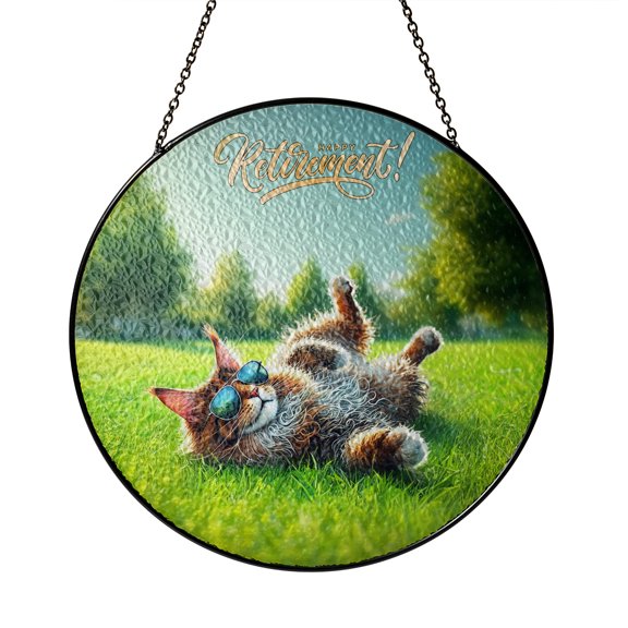 Happy Retirement with Maine Coon Enjoy Life Rest Time Stained Glass Suncatcher Cat Lover Kitten Owner Gifts Window Hanging Sign Decor - 02027