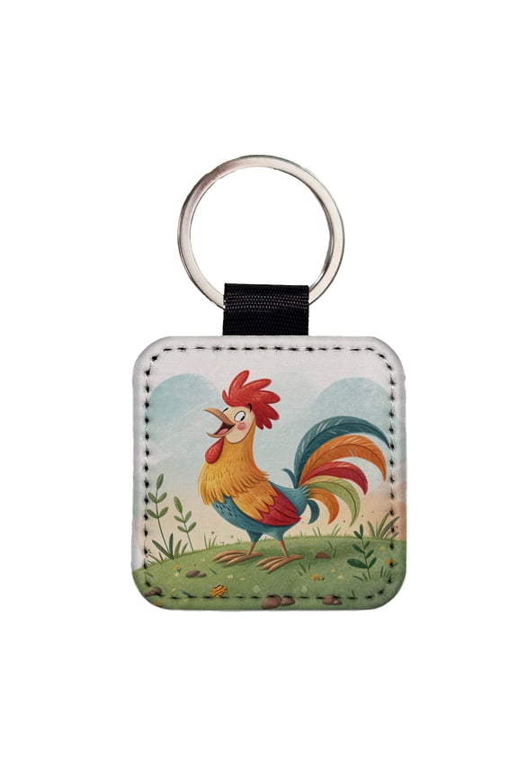Happy Rooster Faux Leather Square Keychain