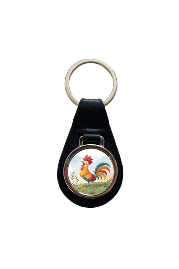 Happy Rooster Metal Black Leather Keychain