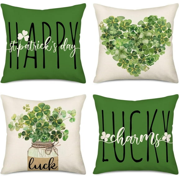 Happy ST Patricks Day Lucky Charm Clover Throw Pillow Covers 16x16 Inch Set of 4 Green Shamrock Love Heart Irish Spring Holiday Farmhouse Decoration Pillow Cases Cushion Covers for Sofa Couch