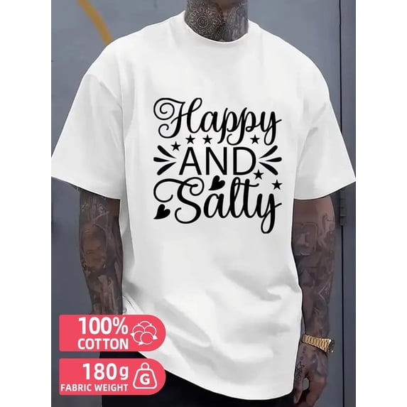 Greenink Happy & Salty Tee men's white 180G Cotton Summer wear Vintage-inspired,comfortable fit Trendy Unisex Shirt Printed tshirts Fashion Unisex Shirt Short Sleeve ts