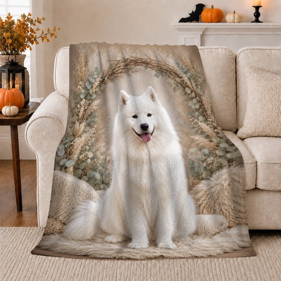 Happy Samoyed In Rustic Wreath With Fall Pumpkins Cozy Whimsical Art For Dog Lovers Thanksgiving Gift Soft Flannel Blanket Home Decor For Living Room And Bedroom