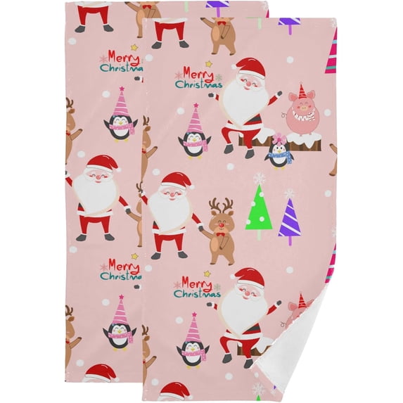 Happy Santa Claus Deer Hand Towels 2 PCS, Merry Christmas Pink Kitchen Towel Ultra Soft and Highly Absorbent,Decorative Fingertip Face Towel for Bathroom Hotel, 28.3"x14.4"