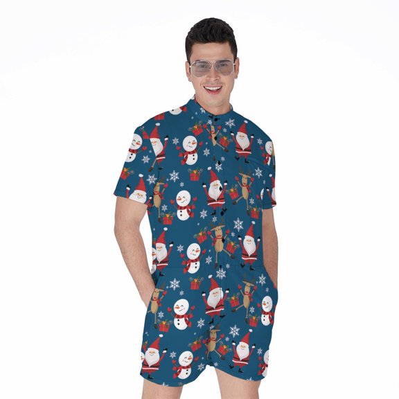 Happy Santa Claus Pattern Short Sleeve Men'S Rompers Casual Summer Jumpsuits Outfit
