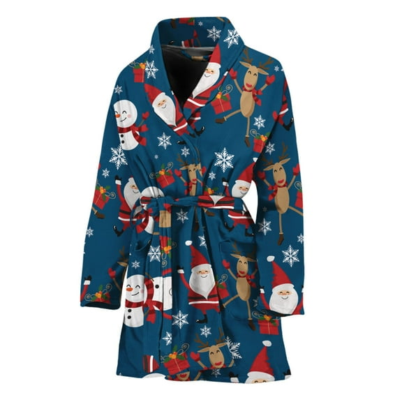 Happy Santa Claus Pattern Women Bathrobe One Size Univeral Fits Fashion Lightweight Plush Fleece Long Robe For Women